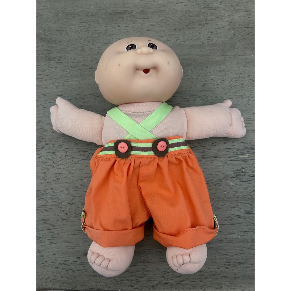 Vintage 1982 Cabbage Patch Kids Doll Bald Brown Eyes Orange Overalls 16 Inch
